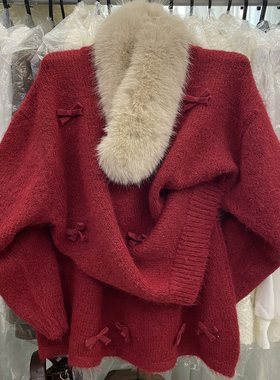 甜美减龄穿搭套装女红色蝴蝶结圆领套头毛衣显瘦半身裙气质两件套