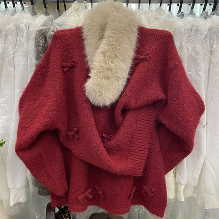 甜美减龄穿搭套装女红色蝴蝶结圆领套头毛衣显瘦半身裙气质两件套