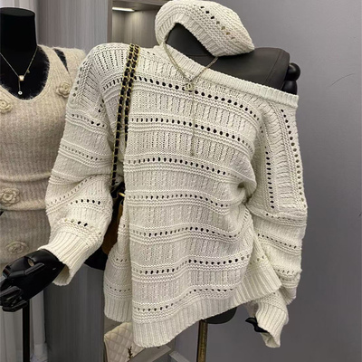 宽松镂空中长款针织衫套头毛衣女