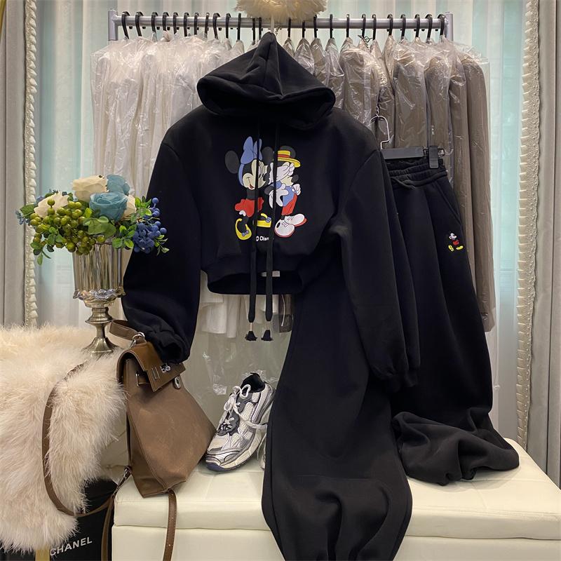 连帽加绒加厚卫衣阔腿裤两件套女