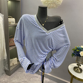 特价 两件套 绑带短裤 超好看一整套穿搭女条纹V领T恤薄款 防晒上衣
