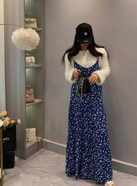 2024春装新款收腰显瘦中长款连衣裙毛衣套装度假风碎花吊带长裙子