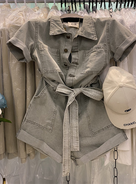 韩国chic夏季新款翻领多口袋设计显瘦单排扣阔腿裤牛仔连体短裤女