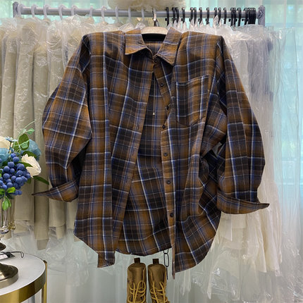 韩国东大门新款慵懒风复古格子衬衣女宽松显瘦字母印花垫肩外套潮