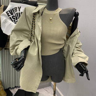 休闲衬衫 韩版 针织小背心中长款 甜辣修身 两件套 小个子慵懒穿搭套装