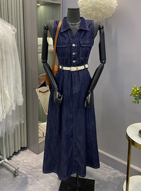 韩国东大门夏季新款气质无袖收腰蓝色牛仔连衣裙A版高腰显瘦裙子