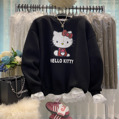 猫咪印花加绒加厚圆领卫衣上衣女