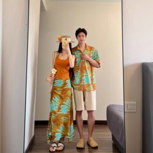 三亚度假情侣装2026晕染椰树印花连衣裙海岛沙滩度假长裙一裙一衣