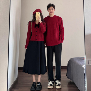 回门情侣装秋冬款红色订婚下聘新年套装宽松慵懒风过年针织衫毛衣