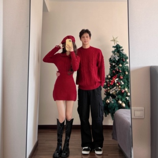 情侣装2025秋冬季新款红色气质连衣裙女跨年穿搭战袍订婚一衣一裙