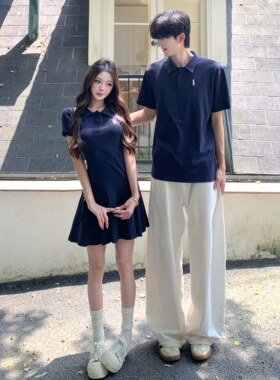 情侣装夏季polo领显瘦A字连衣裙