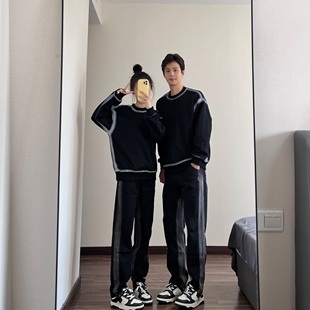 美式高街潮牌渐变扎染卫衣黑色圆领套头情侣装春秋款牛仔裤两件套