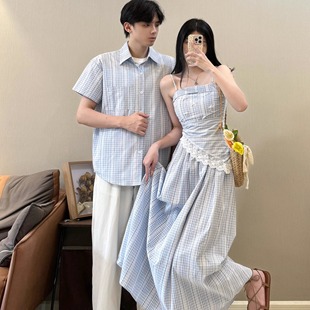 情侣装 高级感蓝色格纹连衣裙度假风旅游吊带长裙一裙一衣 夏季 法式