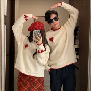 秋冬新款情侣装过年回门结婚订婚领证拍照新年毛衣红色爱心针织衫