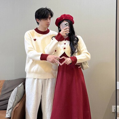 情侣回门新年红色毛衣连衣裙慵懒