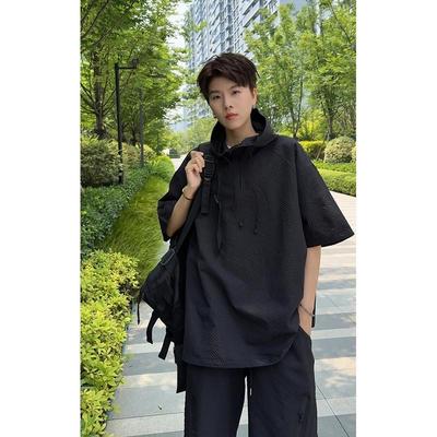2025夏季连帽防晒短袖套装男薄款潮流时尚简约百搭休闲宽松两件套