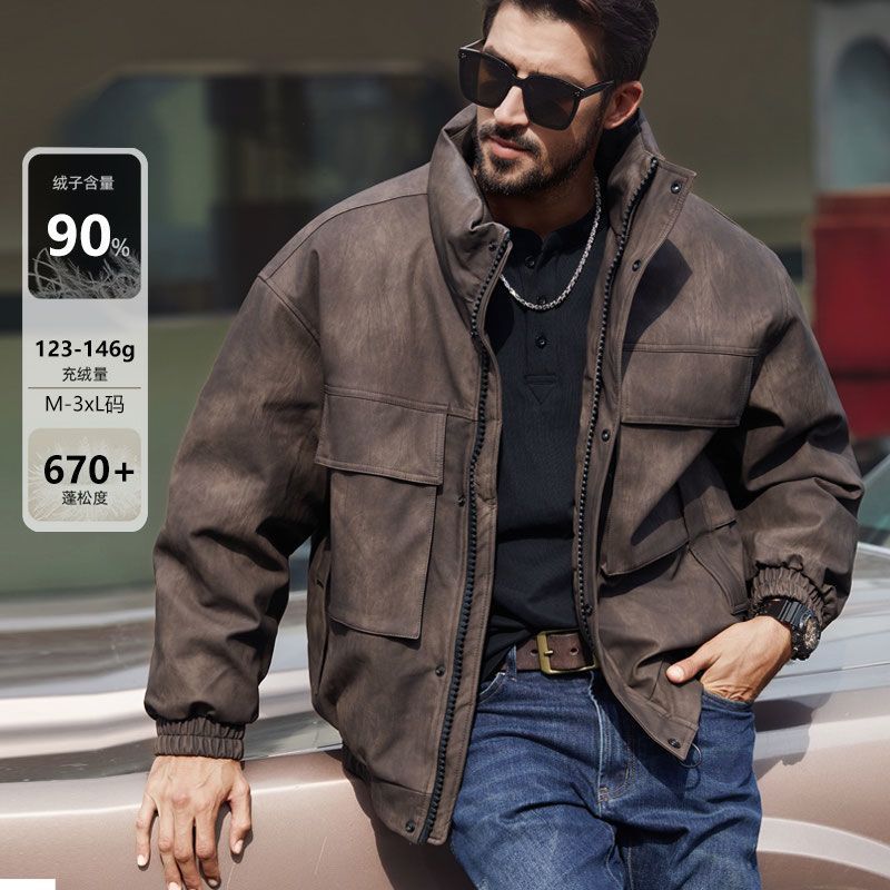 赤单羽绒服PU皮衣美式复古水洗宽松立领秋冬保暖多口袋男士外套