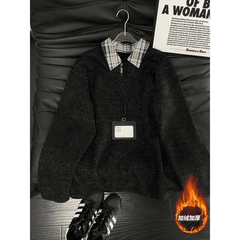 假两件衬衫领卫衣男款秋冬季美式复古拼接格子加绒长袖内搭上衣