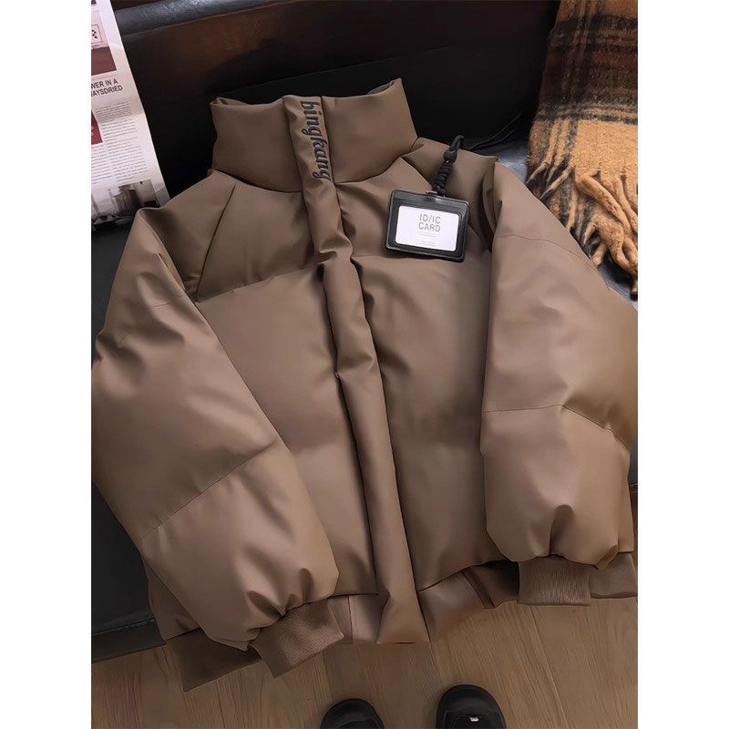 bomber浅灰色立领棉衣外套男冬季美式正肩重工pu皮棉服高级感棉袄