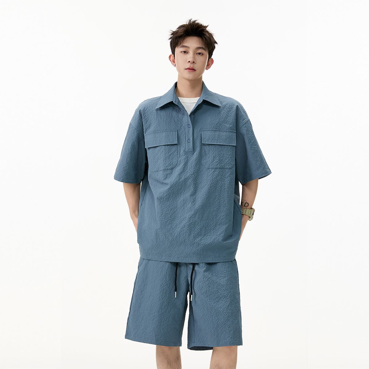 休闲运动短袖衬衫套装男2025夏季宽松翻领两件套休闲速干防晒外套