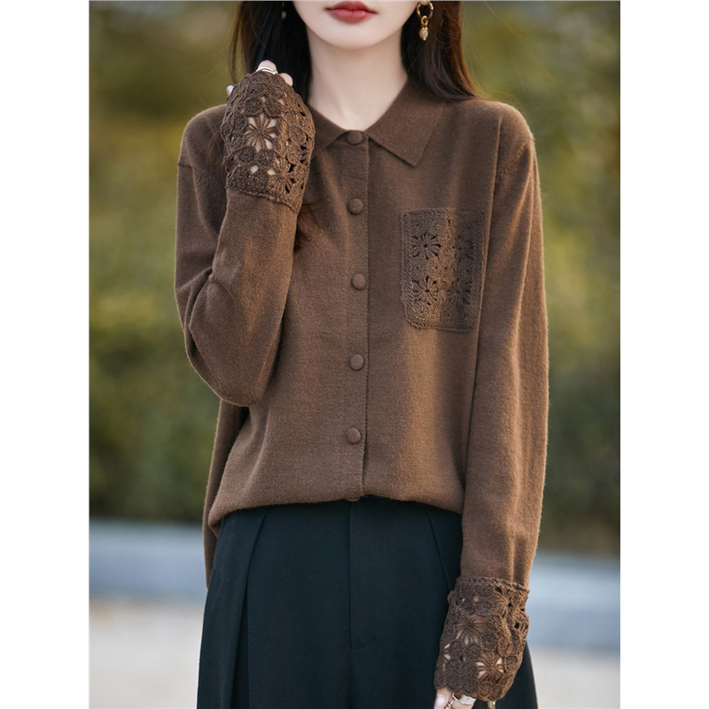 法式POLO翻领蕾丝拼接针织开衫女春秋冬百搭轻奢保暖打底毛衣外套,女装/女士精品,毛针织衫,淘宝优惠券,粉丝福利购,淘宝优惠卷