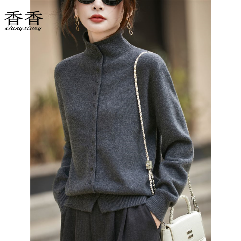 新款春秋冬季针织开衫女士半高领单排扣宽松显瘦百搭毛衣外套上衣