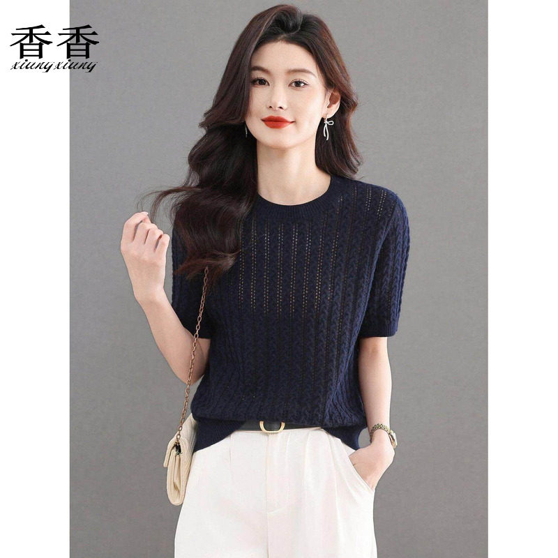 新款洋气夏装冰丝针织衫中年女气质短袖薄t恤上衣镂空时尚打底衫