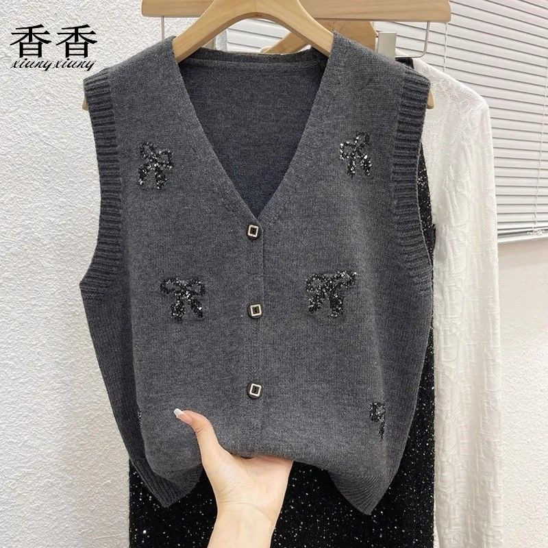 蝴蝶结V领针织开衫马甲女士2025春秋装新款韩版百搭坎肩背心上衣,女装/女士精品,中老年女装,淘宝优惠券,粉丝福利购,淘宝优惠卷