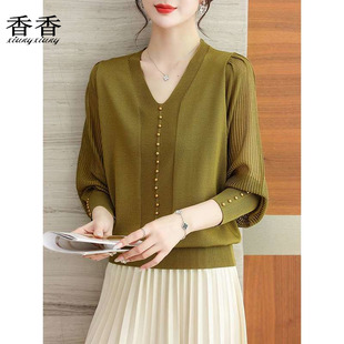女装 薄款 v领长袖 中年妈妈春秋装 小衫 女加肥大码 t恤纱袖 冰丝针织衫