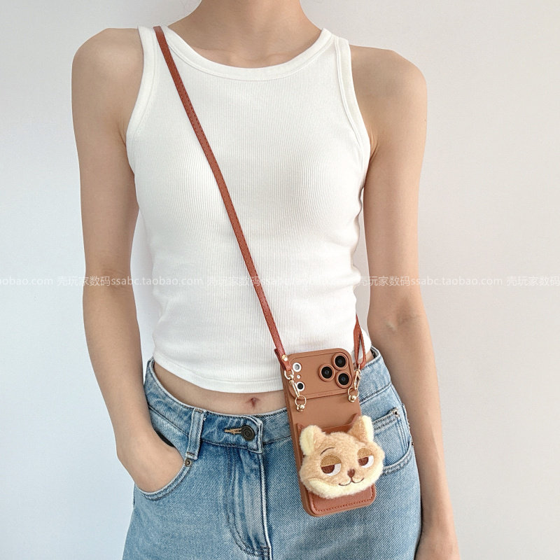 韩系ins风尼克狐狸头卡包适用iPhone17Promax苹果15手机壳16Pro斜挎可插卡13毛绒公仔14plus挂绳款17Pro卡通