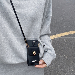 ins卡通黑色米老鼠卡包适用苹果16promax手机壳iPhone17背带斜挎15挂绳13 14全包12软硅胶78PLUS挂脖XR防摔xs