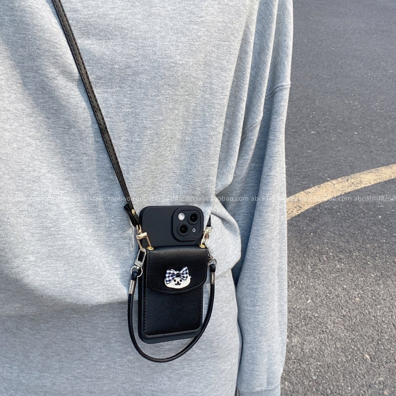 黑色蝴蝶结小狗卡包壳适用苹果16promax手机壳iphone17背带斜挎15挂绳13/14全包12软硅胶78plus挂脖xr防摔xs
