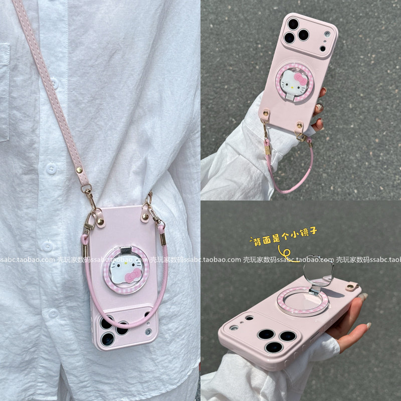 经典少女粉Kitty猫镜子支架时尚适用iPhone17Promax手机壳15Pro斜挎背带苹果13全包14Promax手拎11硅胶16Pro
