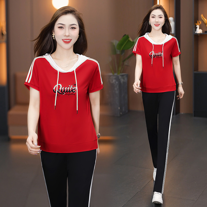 2025夏季新款连帽短袖运动服套装女冰丝棉薄款透气卫衣休闲两件套