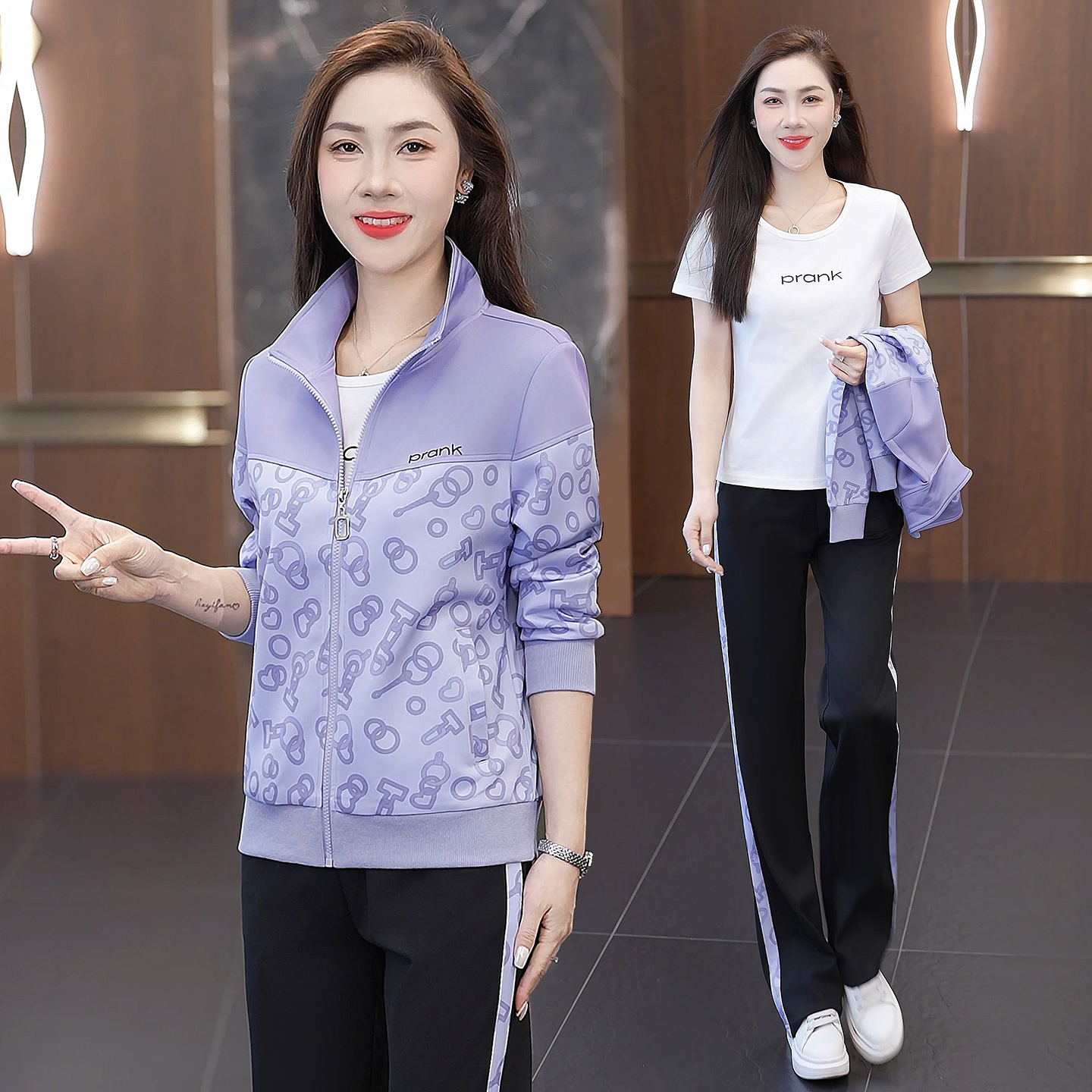 运动服套装女春秋2025新款时尚韩版大码洋气印花色休闲跑步三件套