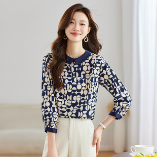 几何印花娃娃领真丝衬衫女2025新款春季轻奢高级感长袖桑蚕丝上衣