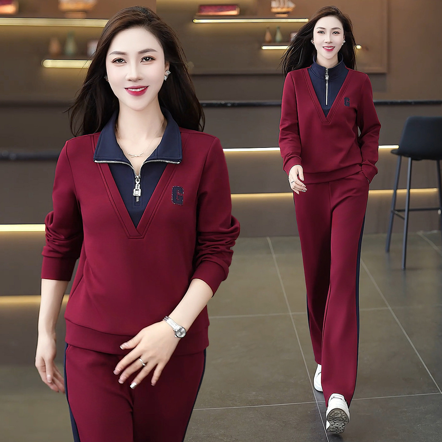 2025春季新款女士休闲运动服套装洋气时髦时尚假两件女士卫衣套装