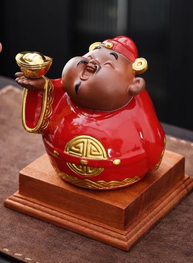 创意招财财神爷陶瓷摆件红色桌面装饰品新年礼物工艺品人物摆件