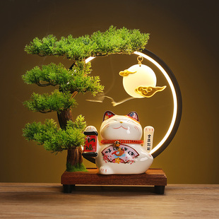 创意礼品家居乔迁开业送礼小号摇手招财摆件店铺 招财猫灯圈新中式