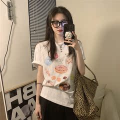 Real shot real price South Korean version ins style doughnut digital printing loose round neck versatile short sleeve T-shirt