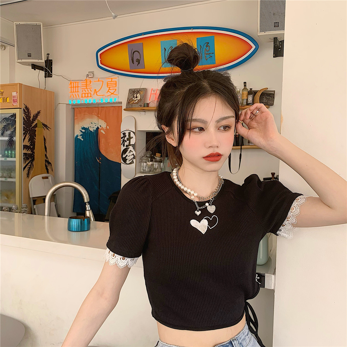 Real price Korean hot girl double love embroidery short tie lace splicing Short Sleeve T-Shirt Top