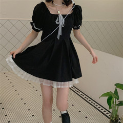 Real price Hepburn little black dress French square neck bubble sleeve Lolita Dress
