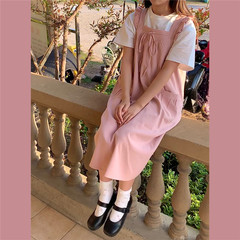 Real price sweet primary school girl's dress with black fungus edge and milk powder color age reducing vest and suspender skirt