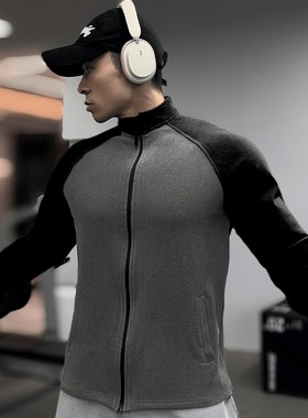 秋冬拼色插肩袖双面德绒保暖健身全拉链立领运动高弹打底长袖T恤