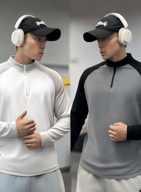 280克双面德绒保暖美式拼色插肩加厚长袖打底运动健身弹力运动T恤