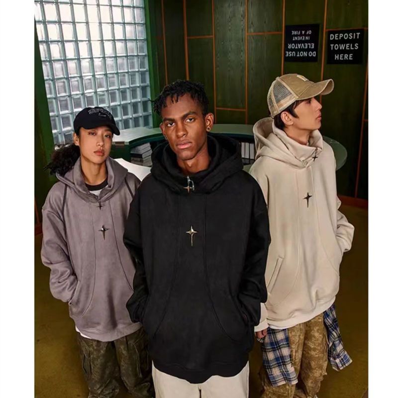 聪明陈同款重磅秋冬潮麂皮绒不起球连帽卫衣高领外套男女学生金属