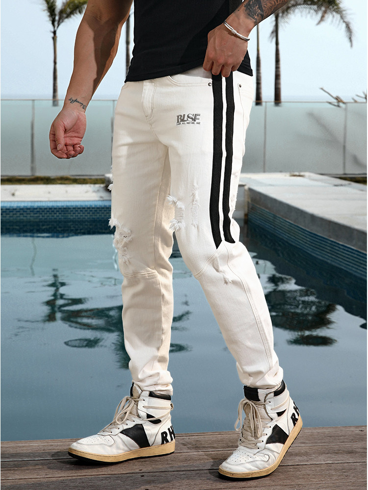 BLUESFLY 찢어진 청바지 여름 남성 트렌디한 아메리칸 하이스트리트 슬림핏 오프화이트 슬림 로우웨이스트 팬츠