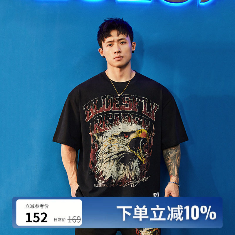 BLUESFLY美式潮牌鹰头印花短袖T恤男女街头宽松健身运动情侣上衣
