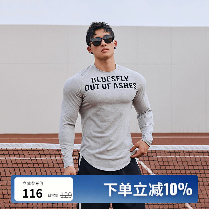 BLUESFLY健身长袖棉T恤男秋冬美式紧身衣修身运动弹力训练上衣潮