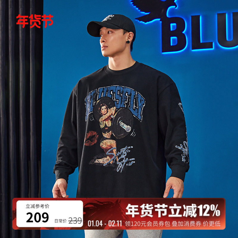 BLUESFLY健身长袖棉T恤男秋冬美式潮牌印花宽松休闲运动训练上衣,运动服/休闲服装,运动T恤,淘宝优惠券,粉丝福利购,淘宝优惠卷